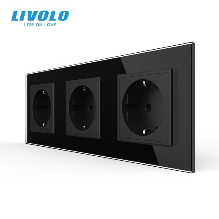 Потрійна електрична розетка з заземленням LIVOLO, чорна, скляна рамка, шторки, 250В 16А (VL-C7C3EU-12) · LIVOLO · VL-C7FCTC16A-6BP