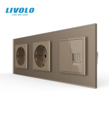 Розетка тримісна комбінована Силова Інтернет LIVOLO золота матова скло
