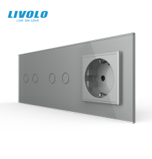 Сенсорний димер LIVOLO 4 сенсори (2-2) з розеткою, сірий, скло, 16A 230V, із заземленням, захисні шторки