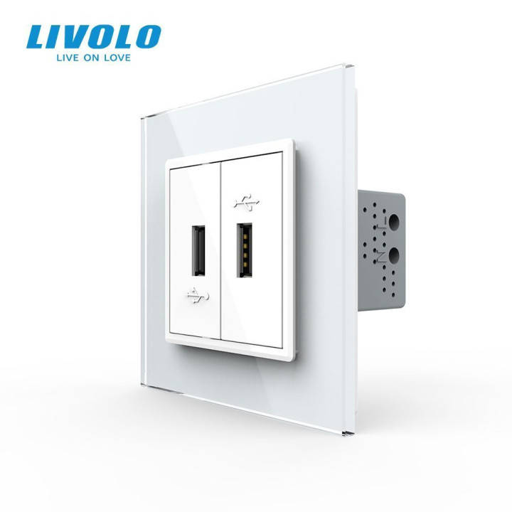 Розетка подвійна USB з блоком живлення Livolo білий скло (VL-C792U-11) · LIVOLO · VL-C7FCUA/FCUA-2WP