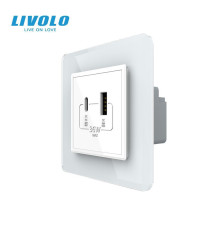 Розетка USB-A та USB-C з Power Delivery 36W LIVOLO біла 2.5D скло