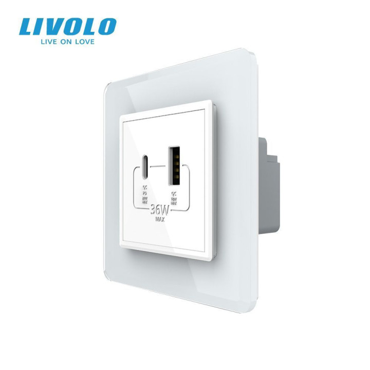 Розетка USB-A та USB-C з Power Delivery 36W LIVOLO біла 2.5D скло · LIVOLO · VL-C7FCUA18W.UC18W-2WS05