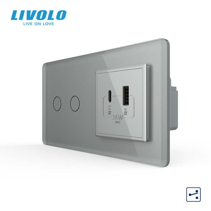Сенсорний (дотиковий) прохідний подвійний вимикач LIVOLO з розеткою USB-A + USB-C 36 Вт сірий 2.5D скляна рамка · LIVOLO · VL-C7FC2S/FCUA18W.UC18W-4IS05