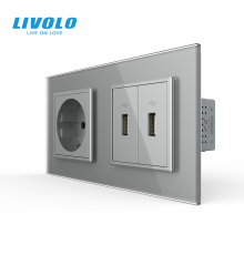 Розетка з заземленням з 2 USB розетками Livolo сірий скло (VL-C7C1EU2USB-15)