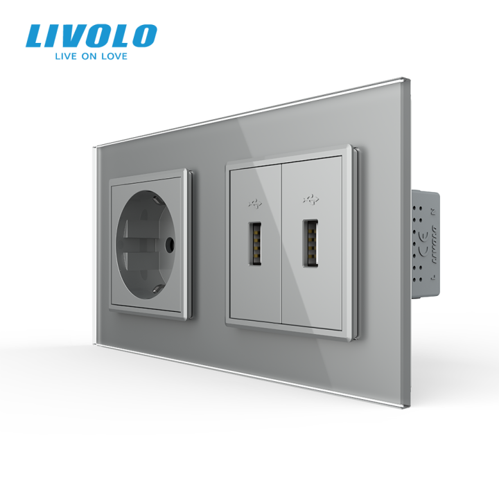 Розетка з заземленням з 2 USB розетками Livolo сірий скло (VL-C7C1EU2USB-15) · LIVOLO · VL-C7C1EU2USB-15