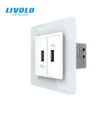 Розетка подвійна USB з блоком живлення LIVOLO біла 2.5D скло