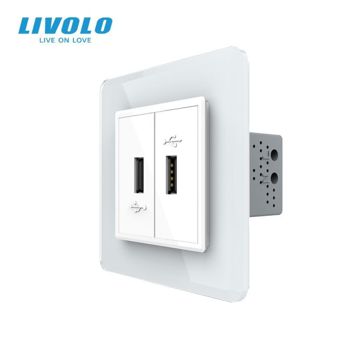 Розетка подвійна USB з блоком живлення LIVOLO біла 2.5D скло · LIVOLO · VL-C7FCUA/FCUA-2WS05