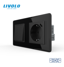 Двоклавішний перехресний вимикач LIVOLO з розеткою та USB Type-C 18Вт, чорний 2.5D, скло, заземлення