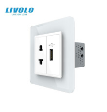 Розетка універсальна з USB розеткою LIVOLO біла 2.5D скло