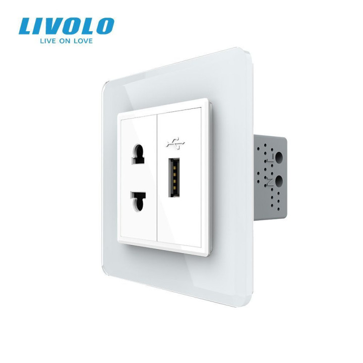 Розетка універсальна з USB розеткою LIVOLO біла 2.5D скло · LIVOLO · VL-C7FCT25/FCUA-2WS05