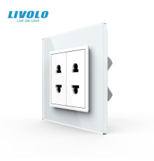 Подвійна універсальна розетка LIVOLO 2 стандарти в 1, біла, дизайнерська, настінна, скляна рамка