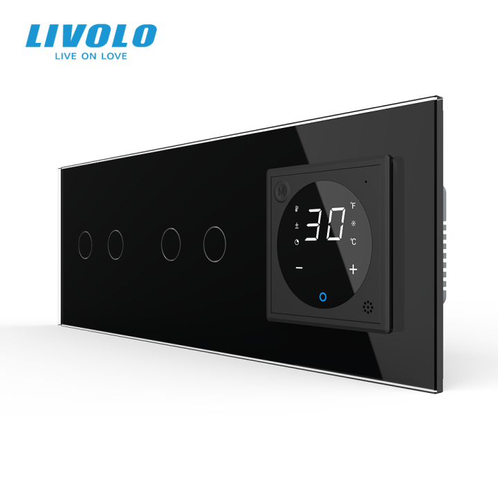 Розумний терморегулятор LIVOLO з керуваннямз телефона, прохідний вимикач 4 сенсори (2-2), чорний, скло · LIVOLO · VL-C7FC2SZ2/FC2SZ2/FCQ1Z2-6BP