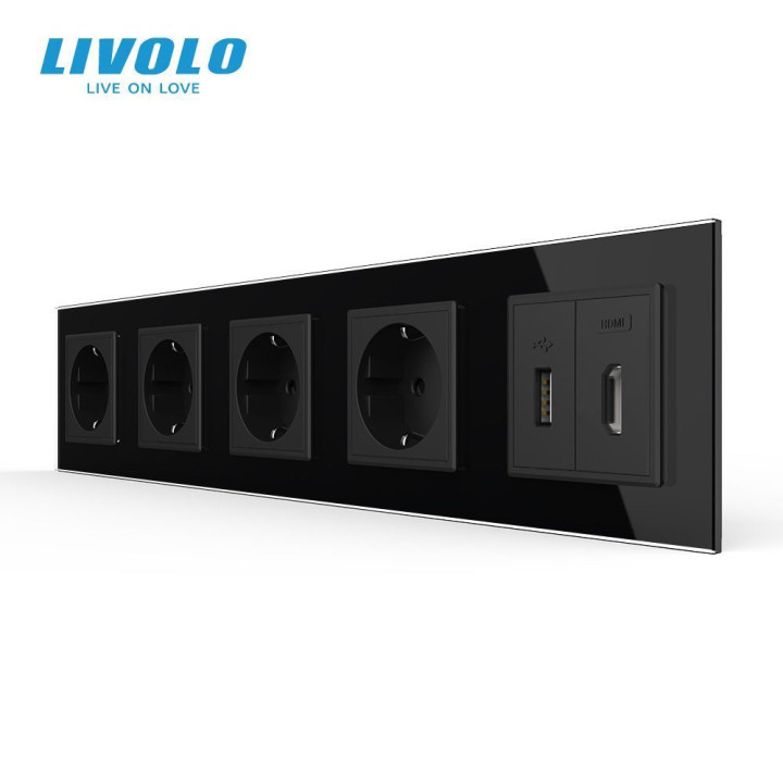 Розетка п’ятимісна з USB 10Вт, інтернет портом RJ-45 і HDMI, чорна, настінна дизайнерська, скляна рамка · LIVOLO · VL-C7FCTC16A/FCUA/FCHD-10BP