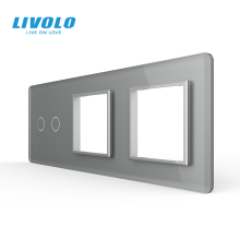 Рамка 3-постова для 2-сенсорного вимикача і 2 розеток (2-0-0) LIVOLO, загартоване скло, сіра 2.5D, 223×80 мм