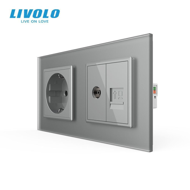 Розетка двомісна комбінована Силова Інтернет ТБ LIVOLO сіра матова скло · LIVOLO · VL-C7FCTC16A/FCCP/FCTV-4IS06