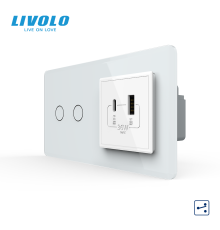 Сенсорний (дотиковий) прохідний подвійний вимикач LIVOLO з розеткою USB-A + USB-C 36 Вт білий 2.5D скляна рамка