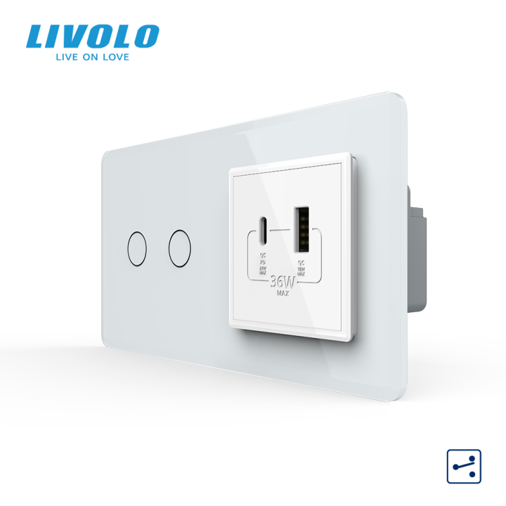 Сенсорний (дотиковий) прохідний подвійний вимикач LIVOLO з розеткою USB-A + USB-C 36 Вт білий 2.5D скляна рамка · LIVOLO · VL-C7FC2S/FCUA18W.UC18W-4WS05