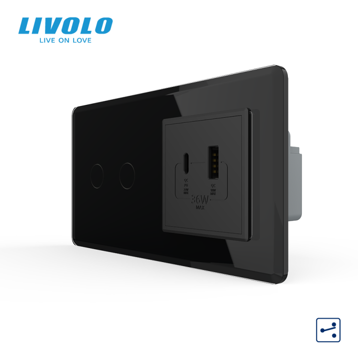 Сенсорний (дотиковий) прохідний подвійний вимикач LIVOLO з розеткою USB-A + USB-C 36 Вт чорний 2.5D скляна рамка · LIVOLO · VL-C7FC2S/FCUA18W.UC18W-4BS05