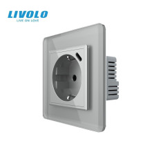 Електрична розетка з USB Type-C 18Вт для зарядки, з заземленням, LIVOLO, сіра, скляна 2.5D рамка, 250В 16А