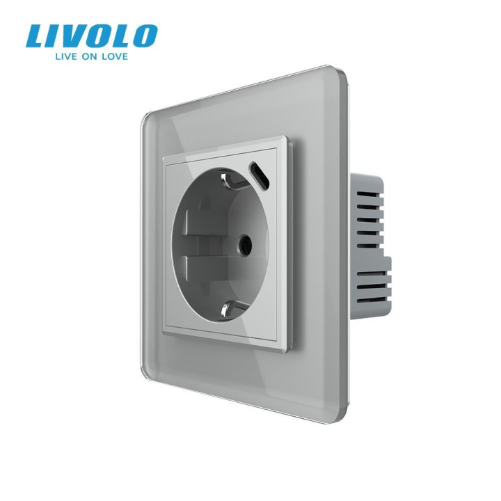 Електрична розетка з USB Type-C 18Вт для зарядки, з заземленням, LIVOLO, сіра, скляна 2.5D рамка, 250В 16А · LIVOLO · VL-C7CTF16A.UC18W-2IS05