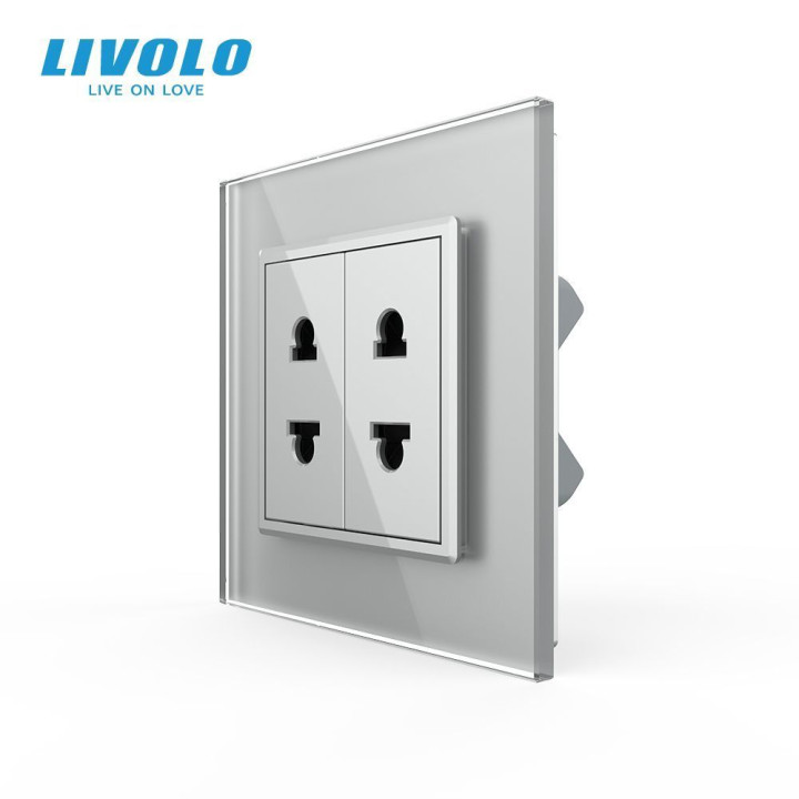 Подвійна універсальна розетка LIVOLO 2 стандарти в 1, сіра, дизайнерська, настінна, скляна рамка · LIVOLO · VL-C7FCT25/FCT25-2IP