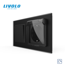 Вимикач без фіксації подвійний з розеткою кришка IP44 LIVOLO чорний матовый скло, із заземленням, захисні шторки