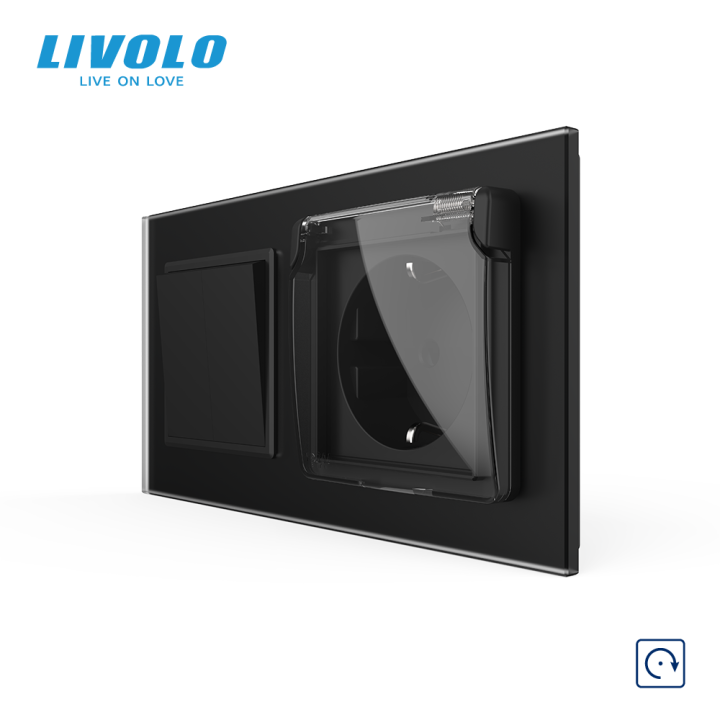 Вимикач без фіксації подвійний з розеткою кришка IP44 LIVOLO чорний матовый скло, із заземленням, захисні шторки · LIVOLO · VL-C7FCMH1/FCTC16A/XW001-4BS06