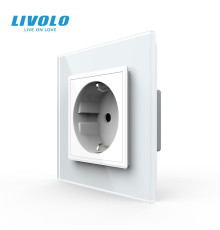 Електрична розетка з заземленням LIVOLO, біла, скляна рамка, шторки, 250В 16А (VL-C7C1EU-11)