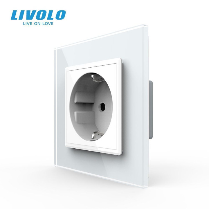 Електрична розетка з заземленням LIVOLO, біла, скляна рамка, шторки, 250В 16А (VL-C7C1EU-11) · LIVOLO · VL-C7FCTC16A-2WP