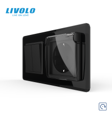 Вимикач без фіксації подвійний з розеткою кришка IP44 LIVOLO чорний 2.5D скло, із заземленням, захисні шторки