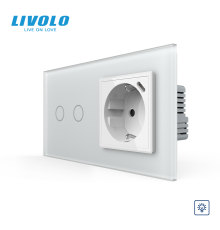 Сенсорний димер LIVOLO на 2 сенсори з розеткою та USB Type-C 18Вт, білий матовый, розетка 16А 230В із заземленням