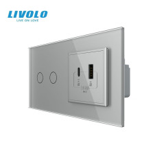 Сенсорний (дотиковий) прохідний подвійний вимикач LIVOLO з розеткою USB-A + USB-C 36 Вт сірий скляна рамка