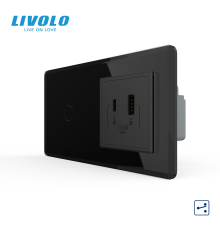 Сенсорний (дотиковий) прохідний вимикач LIVOLO з розеткою USB-A + USB-C 36Вт чорний 2.5D скляна рамка