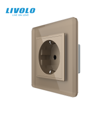 Електрична розетка з заземленням LIVOLO, золота, скляна 2.5D рамка, шторки, 250В 16А