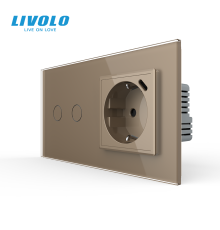 Сенсорний подвійний вимикач LIVOLO з USB Type-C 18 Вт золотий 16 А 230 В із заземленням шторки скло