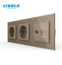 Розетка тримісна комбінована Силова Інтернет ТБ Livolo золото скло (VL-C7C2EU1C1V-13)