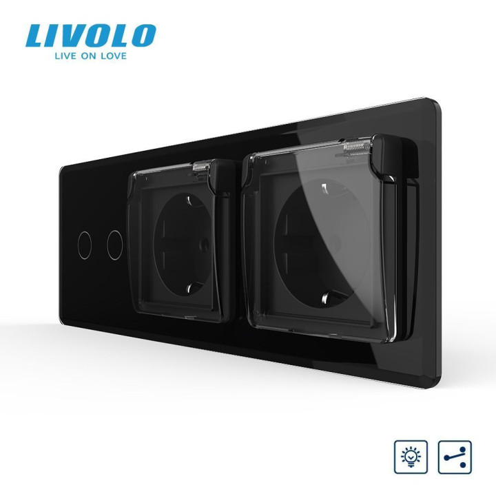 Прохідний подвійний сенсорний димер LIVOLO з двома розетками з кришкою IP44, заземлення, чорний 2.5D, скло · LIVOLO · VL-C7FC2SD/FCTC16A/FCTC16A/XW001-6BS05