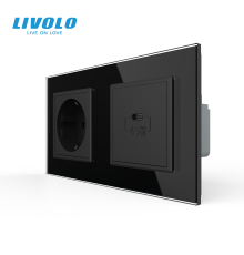 Розетка LIVOLO з USB-C Power Delivery 45Вт, чорна, настінна дизайнерська, скляна рамка