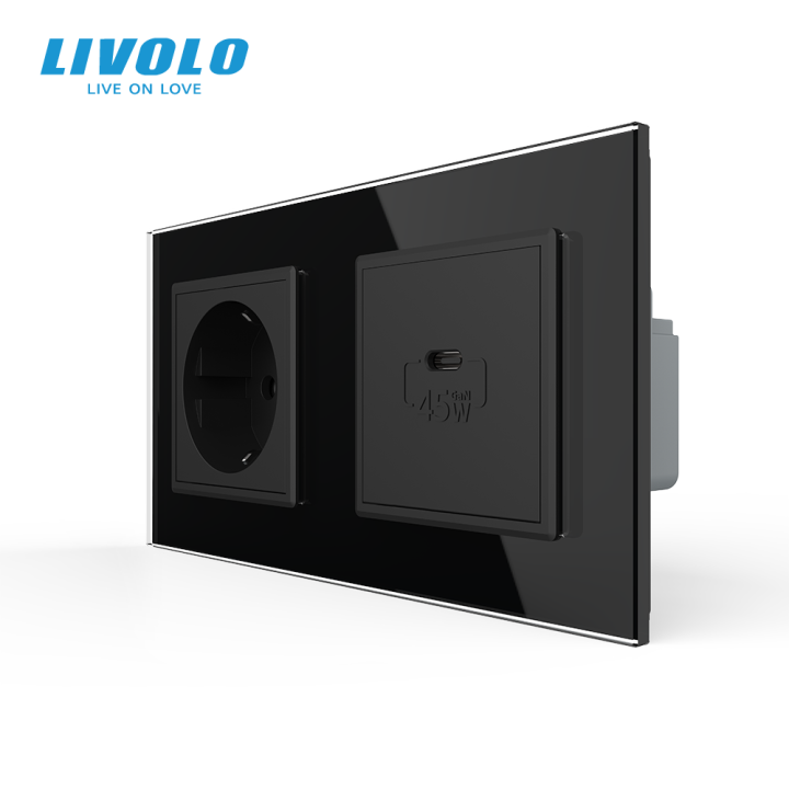 Розетка LIVOLO з USB-C Power Delivery 45Вт, чорна, настінна дизайнерська, скляна рамка · LIVOLO · VL-C7FCTC16A/FCUC-4BP