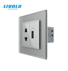 Розетка універсальна з USB розеткою LIVOLO сіра матова скло