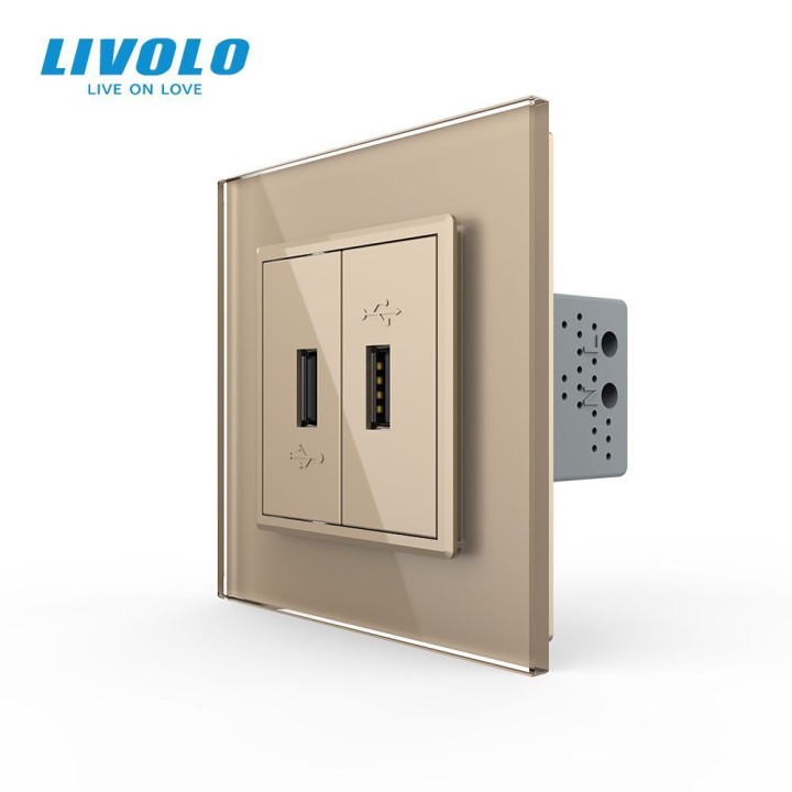 Розетка подвійна USB з блоком живлення Livolo золото скло (VL-C792U-13) · LIVOLO · VL-C7FCUA/FCUA-2AP