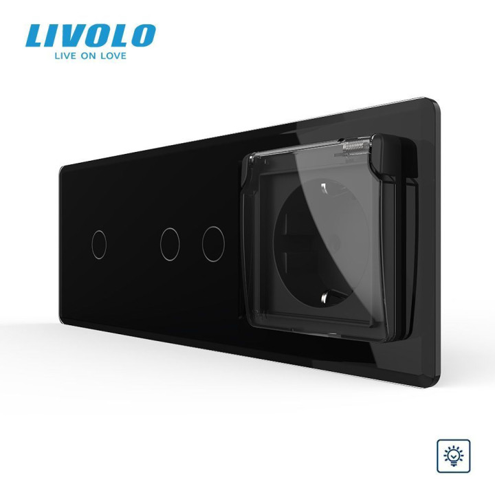 Сенсорний димер LIVOLO 3 сенсори (1-2) з розеткою IP44, кришка, 16A 230V, заземлення, чорний 2.5D скло · LIVOLO · VL-C7FC1D/FC2D/FCTC16A/XW001-6BS05