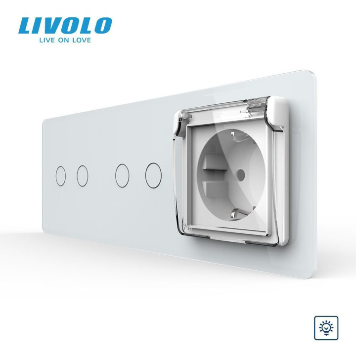 Сенсорний димер LIVOLO 4 сенсори (2-2) з розеткою IP44, кришка, білий 2.5D скло, 16A 230V, заземлення · LIVOLO · VL-C7FC2D/FC2D/FCTC16A/XW001-6WS05
