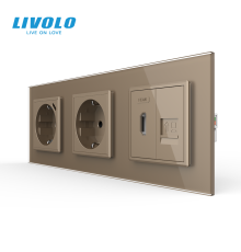 Розетка LIVOLO з USB 18Вт, HDMI і Інтернет RJ-45, із заземленням, шторки, золота, скляна рамка, 250В 16А