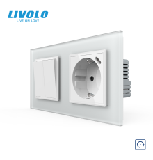Подвійний вимикач без фіксації LIVOLO з розеткою та USB Type-C 18Вт, білий матовый, скло, заземлення
