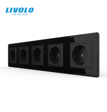 П’ятимісна електрична розетка з заземленням LIVOLO, чорна, скляна 2.5D рамка, шторки, 250В 16А