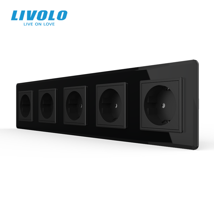 П’ятимісна електрична розетка з заземленням LIVOLO, чорна, скляна 2.5D рамка, шторки, 250В 16А · LIVOLO · VL-C7FCTC16A-10BS05