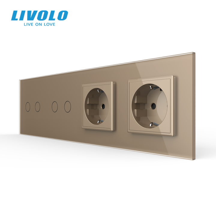 Сенсорний вимикач 4 сенсора (2-2) 2 розетки Livolo золото скло (VL-C702/C702/C7C2EU-13) · LIVOLO · VL-C702/C702/C7C2EU-13