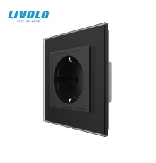 Електрична розетка з заземленням LIVOLO, чорна, скляна матова рамка, шторки, 250В 16А