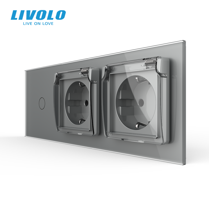 Сенсорний димер LIVOLO з двома розетками IP44, сірий матовый, скло, 16A 230V, із заземленням, шторки · LIVOLO · VL-C7FC1D/FCTC16A/FCTC16A/XW001-6IS06